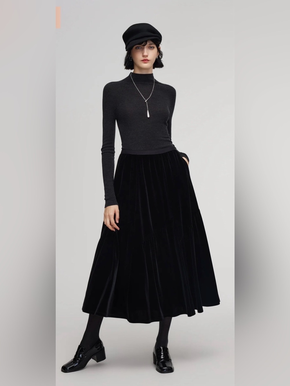 GOELIA Black Velvet Tiered Asymmetrical Midi Maxi Skirt Size Large